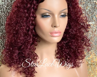 Curly Red Burgundy Wig Dark Roots Long Center Part Synthetic Layers Heat Safe Red Wig For Women