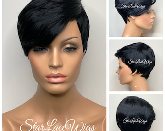 Straight Black Pixie Wig With Bangs Short Synthetic Wigs For Women Red Pixie Wig Cosplay Wig