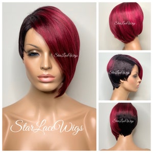 Pixie Wig Cut Bob Wig With Bangs Red Burgundy Black Short Asymmetrical Short Synthetic Wigs For Women Cosplay Drag Wig Alopecia