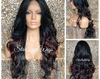 Long Black Lace Front Wig Synthetic Curly 13x6 Parting Space Burgundy Highlights Heat Resistant Wigs For Women Natural Looking Free Part