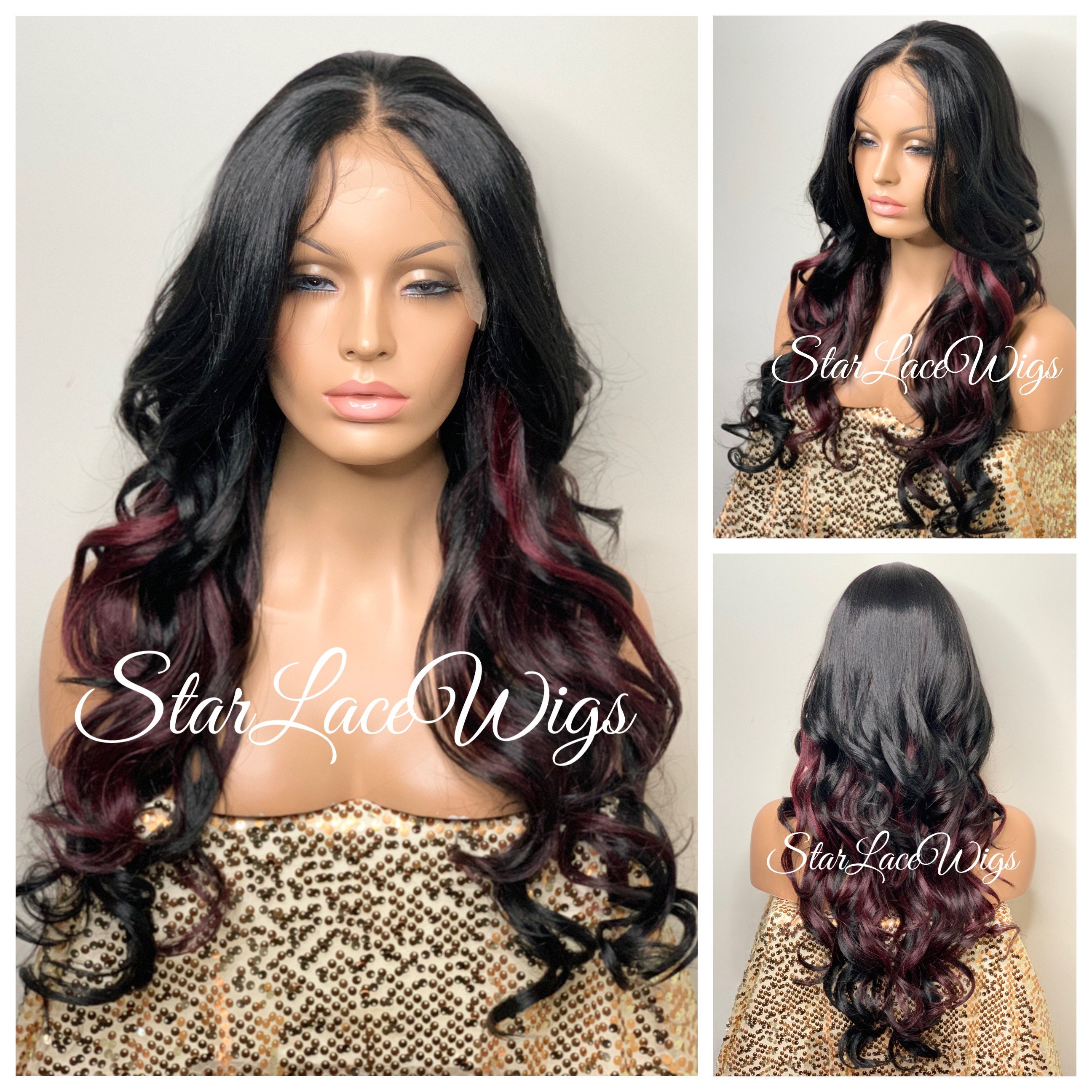 Lace Front Wig Long Black Burgundy Highlights Synthetic Curly - Etsy Lace Front Wig Long Black Burgundy Highlights Synthetic Curly - Etsy