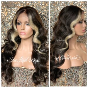 Wavy Chocolate Brown Wig Lace Front Blonde Highlights 13x6 Free Part Wig Heat Resistant Wigs For Women Glueless Brown Wig Natural Look Wigs