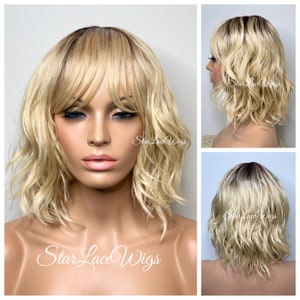 Shoulder Length Wavy Blonde Bob Wig Rooted Blonde Bob With Bangs For Women Bob Wig Natural Wig Fashion Wig Party