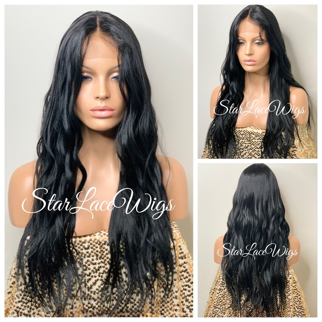 Lace Front Wig Long Wavy Black Brown Synthetic Middle Part Etsy 日本