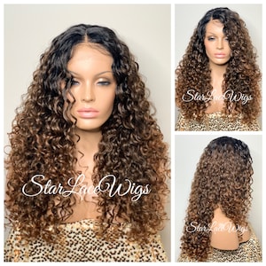 Long Curly Brown Wig Lace Front Synthetic Dark Roots Middle Part Layers Curly Heat Resistant Wigs For Women Natural Look Wigs Alopecia