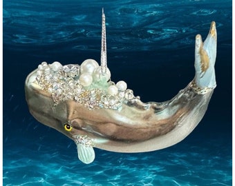 Whale Glass Ornament - Steampunk Fish Ocean Fairy Mermaid Nautical Pearls Barbie