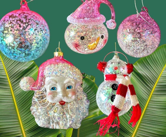 Set 5 Santa Glass Ornaments - Funny Cute Nron Pink Rainbow