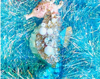 Seahorse Glass Ornament - nautical pearls glitter mermaid pastel pink beach ocean