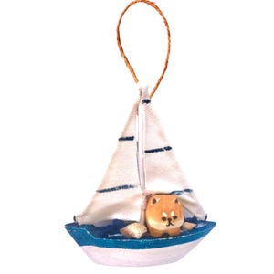 Cute Cat Sailboat Wood Ornament - Table Top Decoration Kids Toy Indoor Outdoor Wreath Garland Beach Ocean Tropical Island Fishing Boat