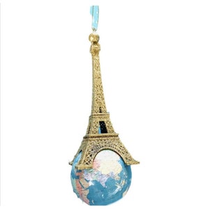 Eiffelturm auf Globus Erde Ornament - Paris Frankreich Olympische Sommer 2004 Karte Planet Reise Ozean Gold Urlaub Geburtstag Geschenk Weihnachten