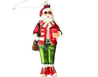 Coffee Santa Glass Ornament - Funny Cute Leather Bag Friends City Starbucks New York Seattle