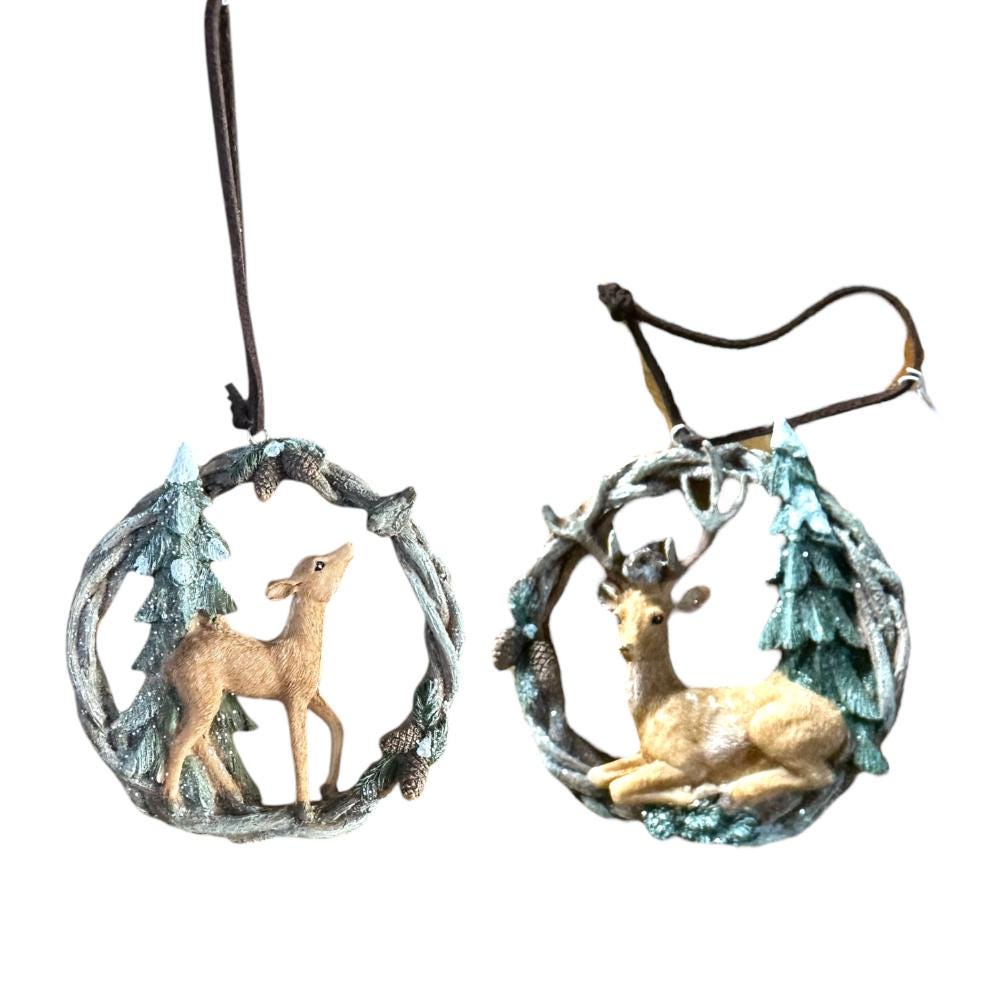 Set of 2 Deer Resin Ornaments - Cabin Woods Camping Woodland Critter Animal Hunting Lodge Rustic Wreath Birds Traditional Winter Decoration