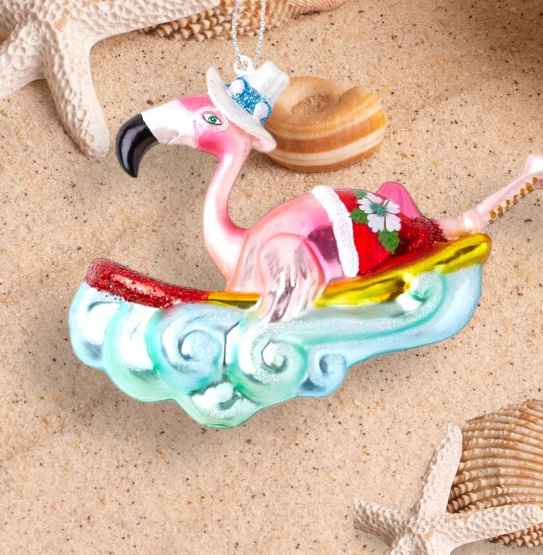 Flamingo Surfing Glass Ornament - Pool Beach Floaty Swim Florida