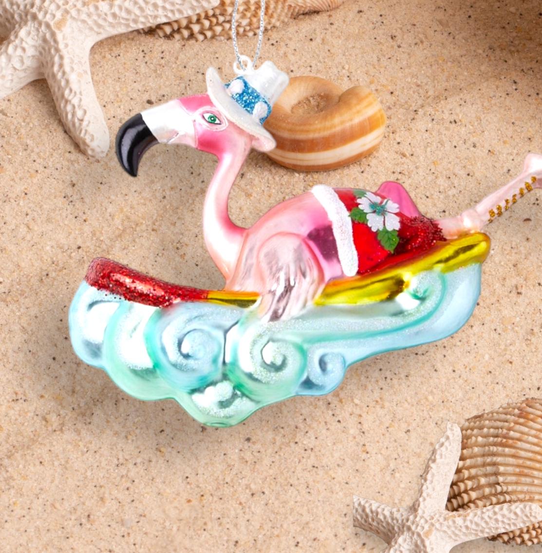 Flamingo Surfing Glass Ornament - Pool Beach Floaty Swim Florida