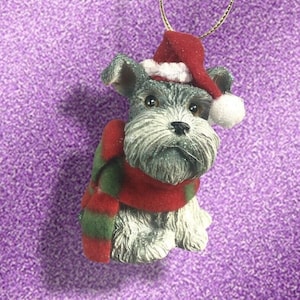 Schnauzer Dog Ornament -  Santa Hat Scarf Kids Animal Pet Holiday Cute Figurine Gray Small puppy Christmas Birthday Gift Family Pet
