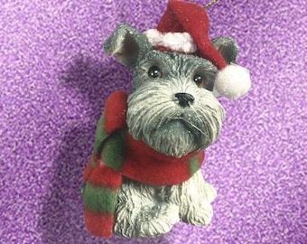 Schnauzer Dog Ornament -  Santa Hat Scarf Kids Animal Pet Holiday Cute Figurine Gray Small puppy Christmas Birthday Gift Family Pet