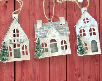 3 Metal Galvanized Tin House Ornament - Rustic Cabin Rodeo Farm Mantel Fireplace