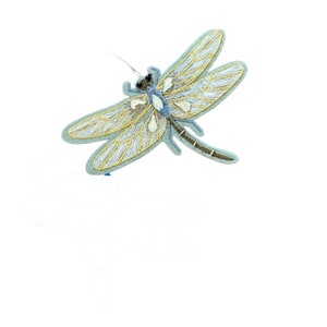 May include: A blue and yellow embroidered dragonfly with a brown body and clear wings.