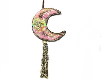 Beaded Moon Ornament - Fabric Pink Fashion Garden Anthropologie Art Deco Antique