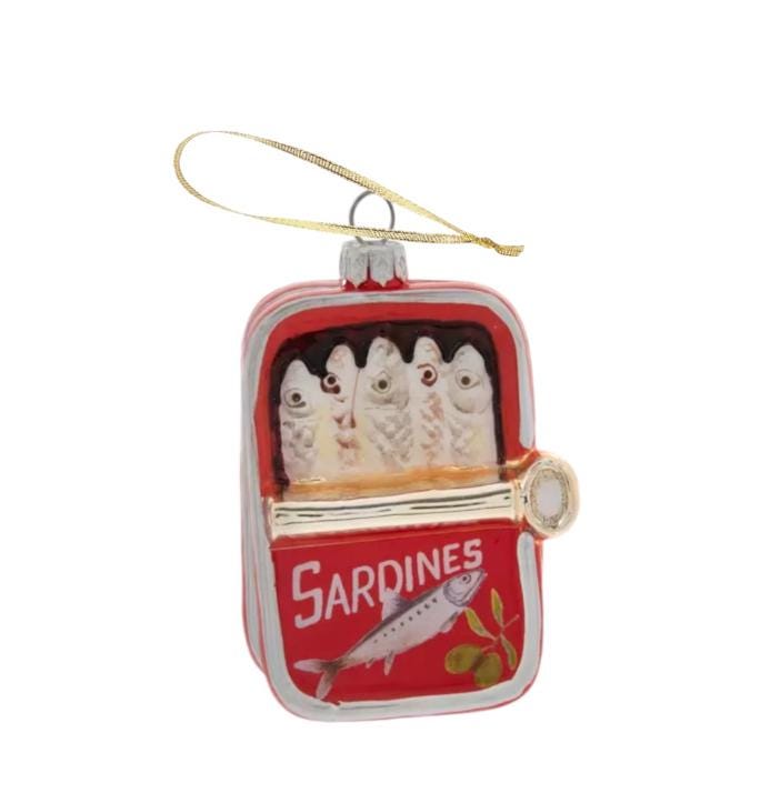 Sardine Ornament - Seafood Ocean Beach Mediterranean France Italy Greece Spain Camping Lunch Snack Food Fishing Sailboat Retro Wine Cheese