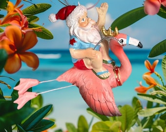 Santa Riding Flamingo Ornament - Cute Funny Beach Tropical Island Zoo Animal Bird Resin outdoor safe garland wreath Flying Christmas Xmas