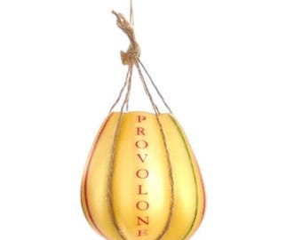 May include: A yellow Provolone cheese wrapped in a natural string net, hanging from a twine string.
