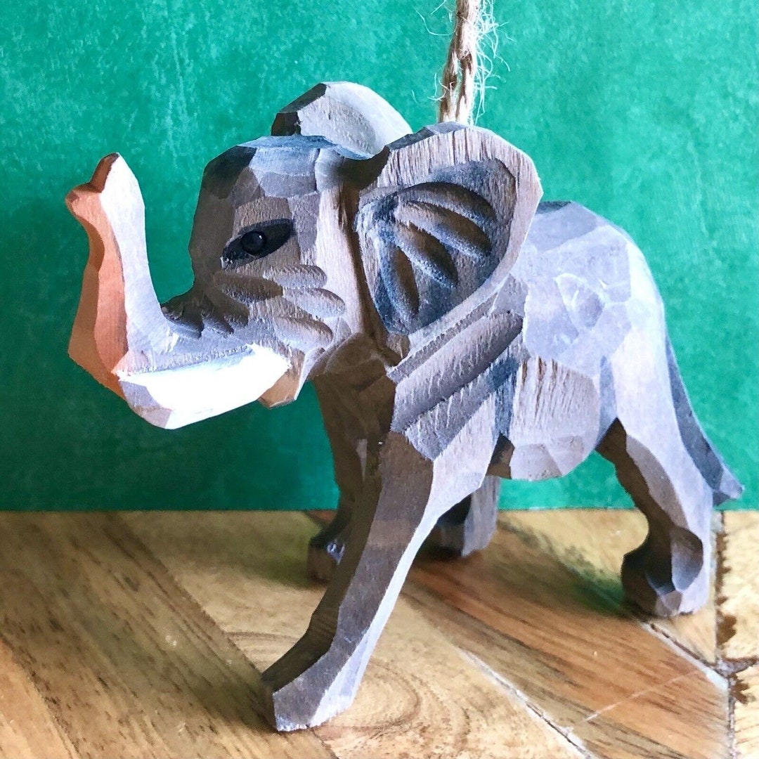 Wood Hand Carved Painted Elephant Ornament Safari Animal Zoo Etsy