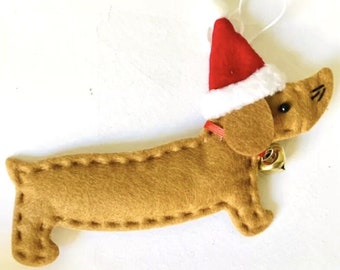 Wiener Dachshund Dog Felt Ornament - Soft Lightweight Fabric Santa Hat Kids Animal Cute Decoration