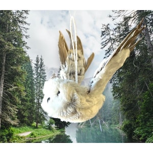 May include: A white and brown fluffy bird ornament with wings outstretched, hanging from a white string against a backdrop of green trees and a lake.