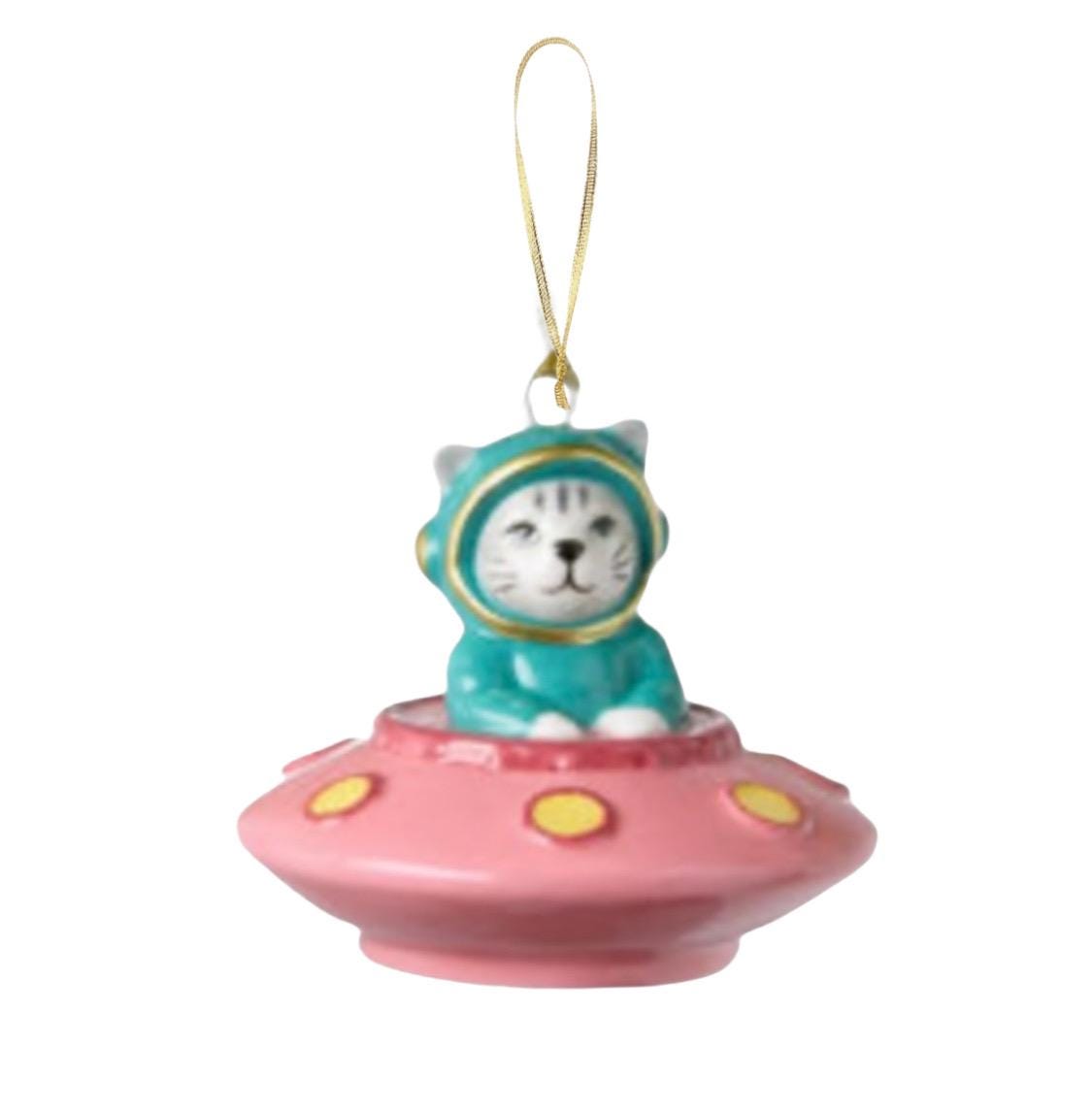 Cat UFO Ceramic Ornament - Pink Danish Modern Vintage Style Cute
