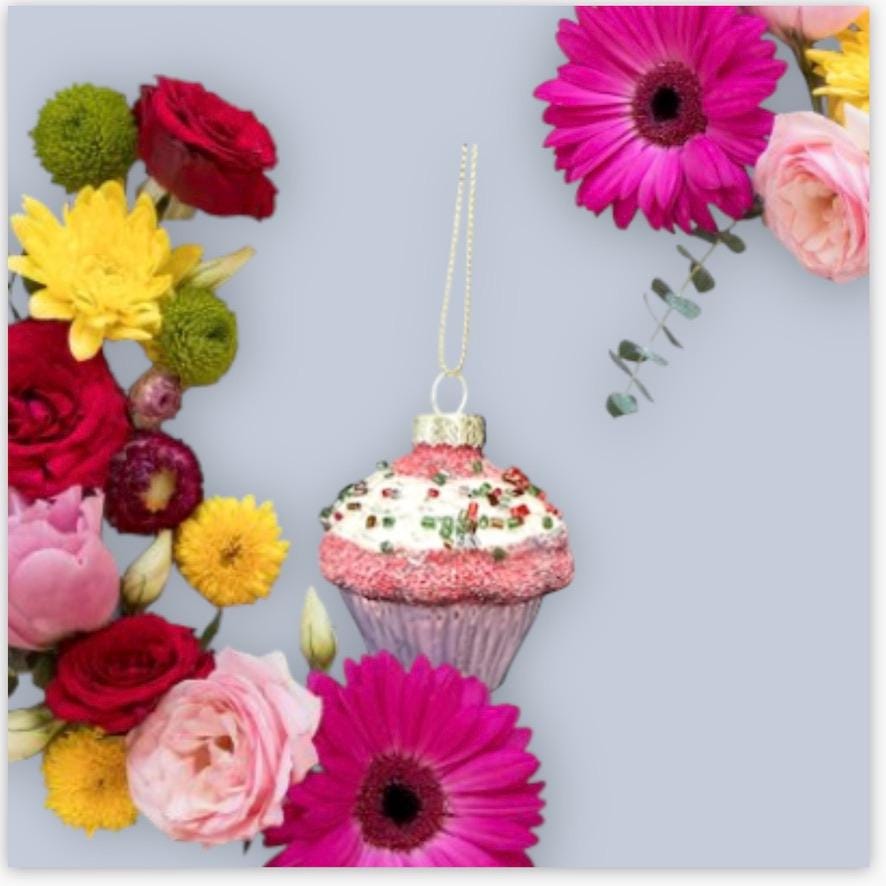 カップケーキガラスオーナメント1個 - デザートフード、明るいネオン
