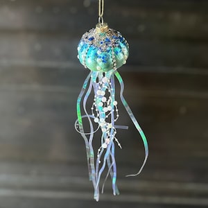 Jellyfish Glass Ornament - Handpainted U.S.A. nautical fish Ocean steampunk beach tropical mermaid iridescent