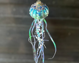 Jellyfish Glass Ornament - Handpainted U.S.A. nautical fish Ocean steampunk beach tropical mermaid iridescent