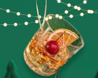 Old Fashion Bourbon Glass Ornament New Years 2024 Party Bachelor Gift Cocktail Christmas Father&#39;s Day Dad Whiskey Bar Dinner Drink