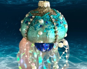 Jellyfish Glass Ornament - Handpainted U.S.A. nautical fish Ocean steampunk beach tropical mermaid
