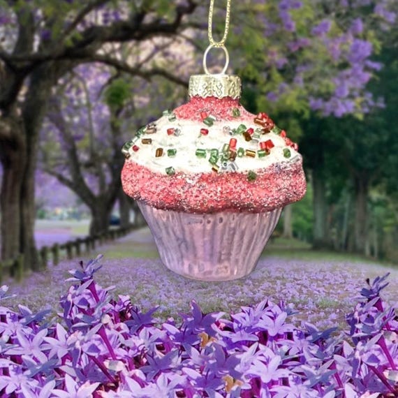 カップケーキガラスオーナメント1個 - デザートフード、明るいネオン