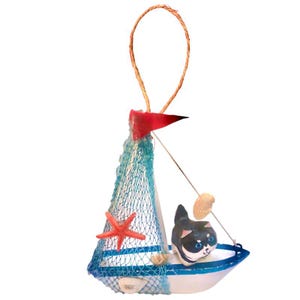 Cute Cat Sailboat Wood Ornament - Table Top Decoration Kids Toy Indoor Outdoor Wreath Garland Beach Ocean Tropical Island Fishing Boat