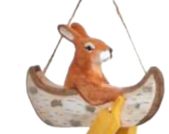 Rabbit Canoe Boat Wood Ornament - Bunny Easter Woodland Critter Zoo Animal Cabin