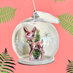 Retro Reindeer Cloche Ornament - Winter Snow Cartoon Animal Cabin Luxury Bling