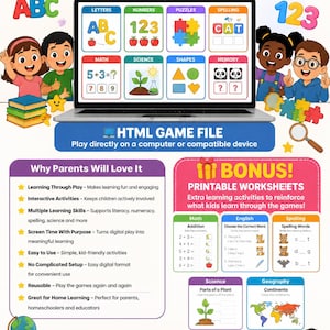 May include: A digital product advertisement for interactive educational games for kids, featuring a laptop screen displaying categories like letters, numbers, puzzles, and math. Includes printable worksheets for math, English, spelling, science, and geography.