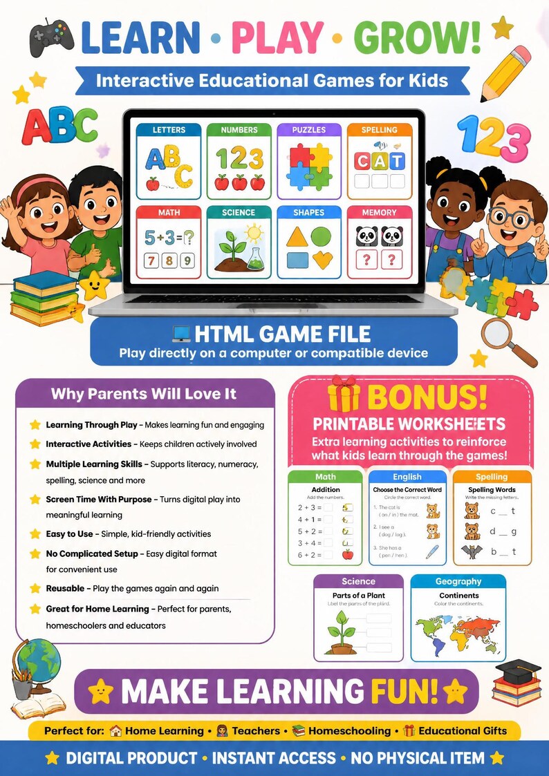 May include: A digital product advertisement for interactive educational games for kids, featuring a laptop screen displaying categories like letters, numbers, puzzles, and math. Includes printable worksheets for math, English, spelling, science, and geography.