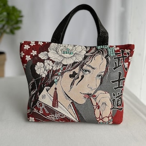 Japanische Geisha-Einkaufstasche – Bushidō-Muster, Kirschblüten, Sakura, handgefertigtes Unikat – poetisches und originelles Geschenk für Frauen