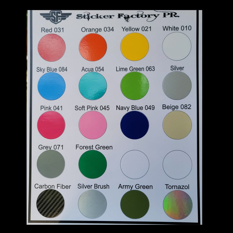 May include: A chart of color swatches with names and numbers. The colors include red, orange, yellow, white, sky blue, aqua, lime green, silver, pink, soft pink, navy blue, beige, grey, forest green, carbon fiber, silver brush, army green, and tornazol.