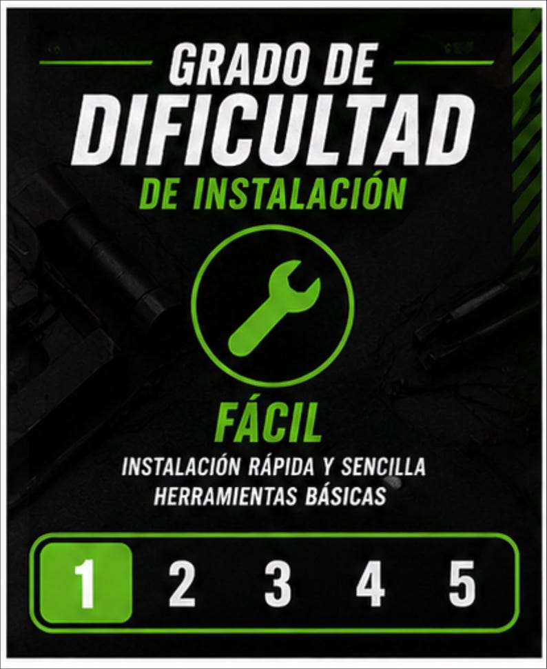 May include: A black informational graphic with white and green text reading GRADO DE DIFICULTAD DE INSTALACI&Oacute;N, F&Aacute;CIL, and INSTALACI&Oacute;N R&Aacute;PIDA Y SENCILLA HERRAMIENTAS B&Aacute;SICAS. A green wrench icon is centered above a numbered scale from one to five.