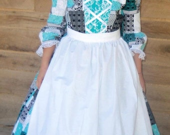 Handmade American Historical Colonial Pioneer Girl Clothing - Blue Patchwork Quilted Day Dress- Child Size 8