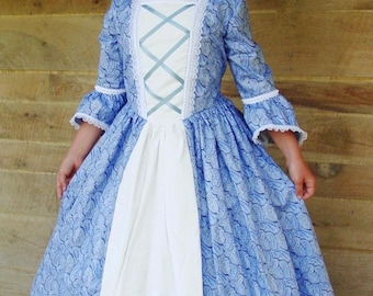 Historical Handmade Modest American Colonial Pioneer Girl -Blue Ball Gown- Child Sizes up to 14