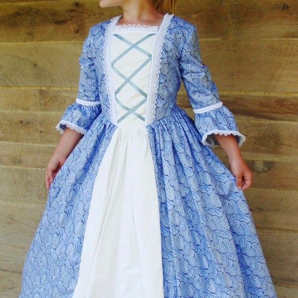 Historical Handmade Modest American Colonial Pioneer Girl -Blue Ball Gown- Child Sizes up to 14
