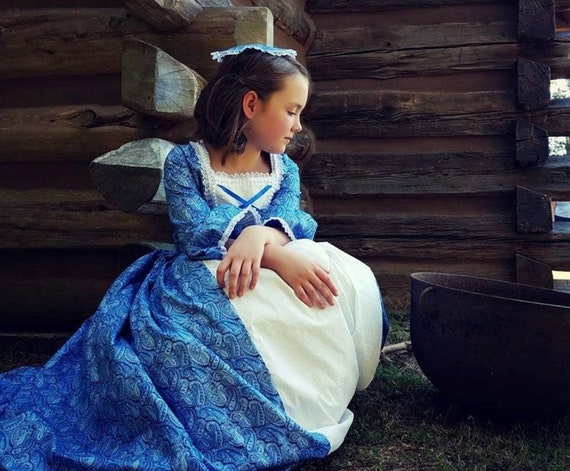 Historical Handmade Modest American Colonial Pioneer Girl -Blue Ball Gown- Child Sizes up to 14