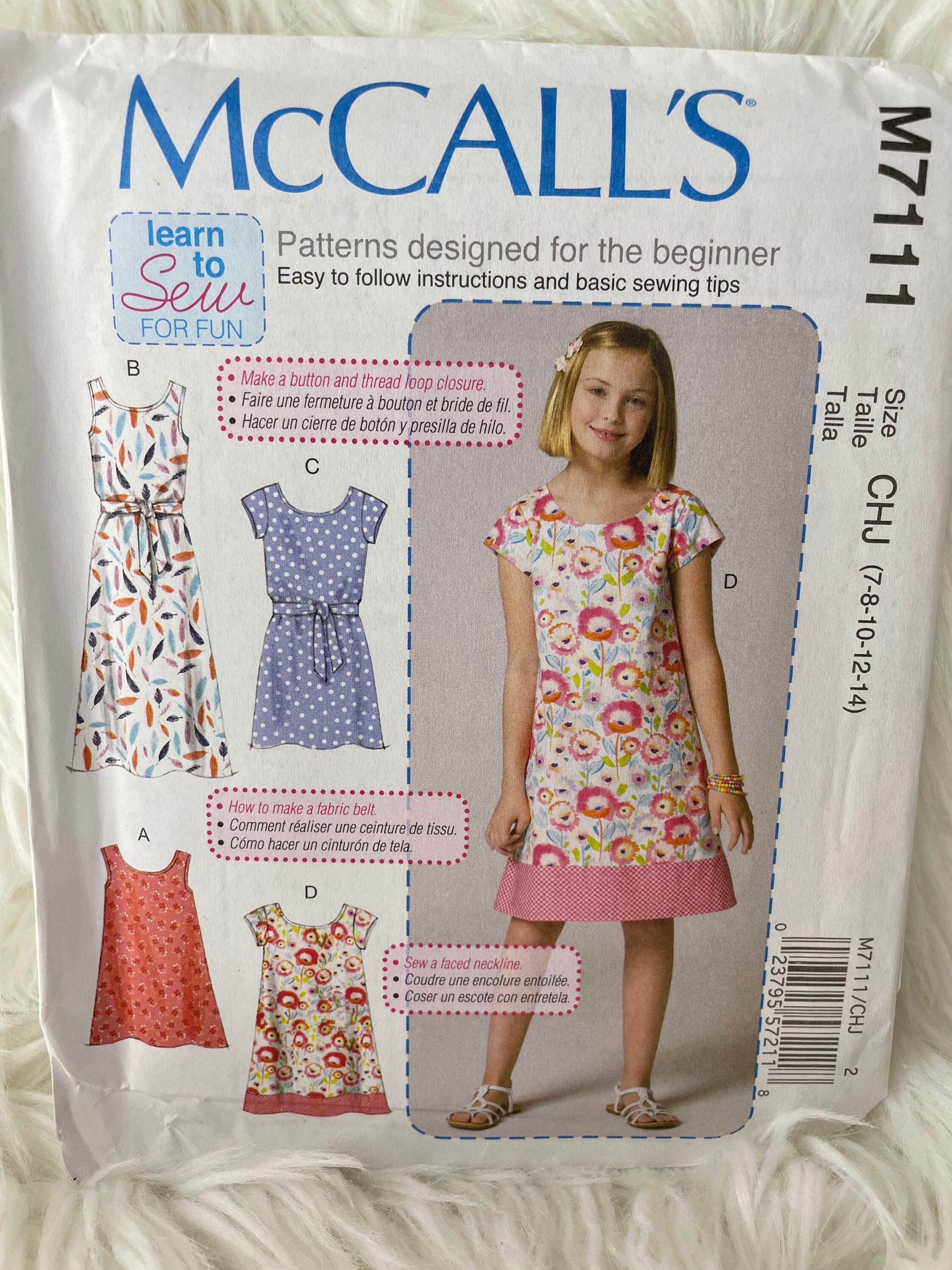 McCalls Pattern 7111 Learn to Sew Pullover Dresses for Girls and Belt sizes  3 through 6