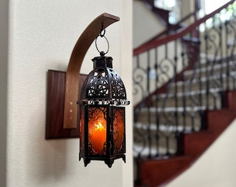Curved Wooden Candle Lantern Holder with Lantern for Wall | Handmade with White Oak, Walnut Lumber
